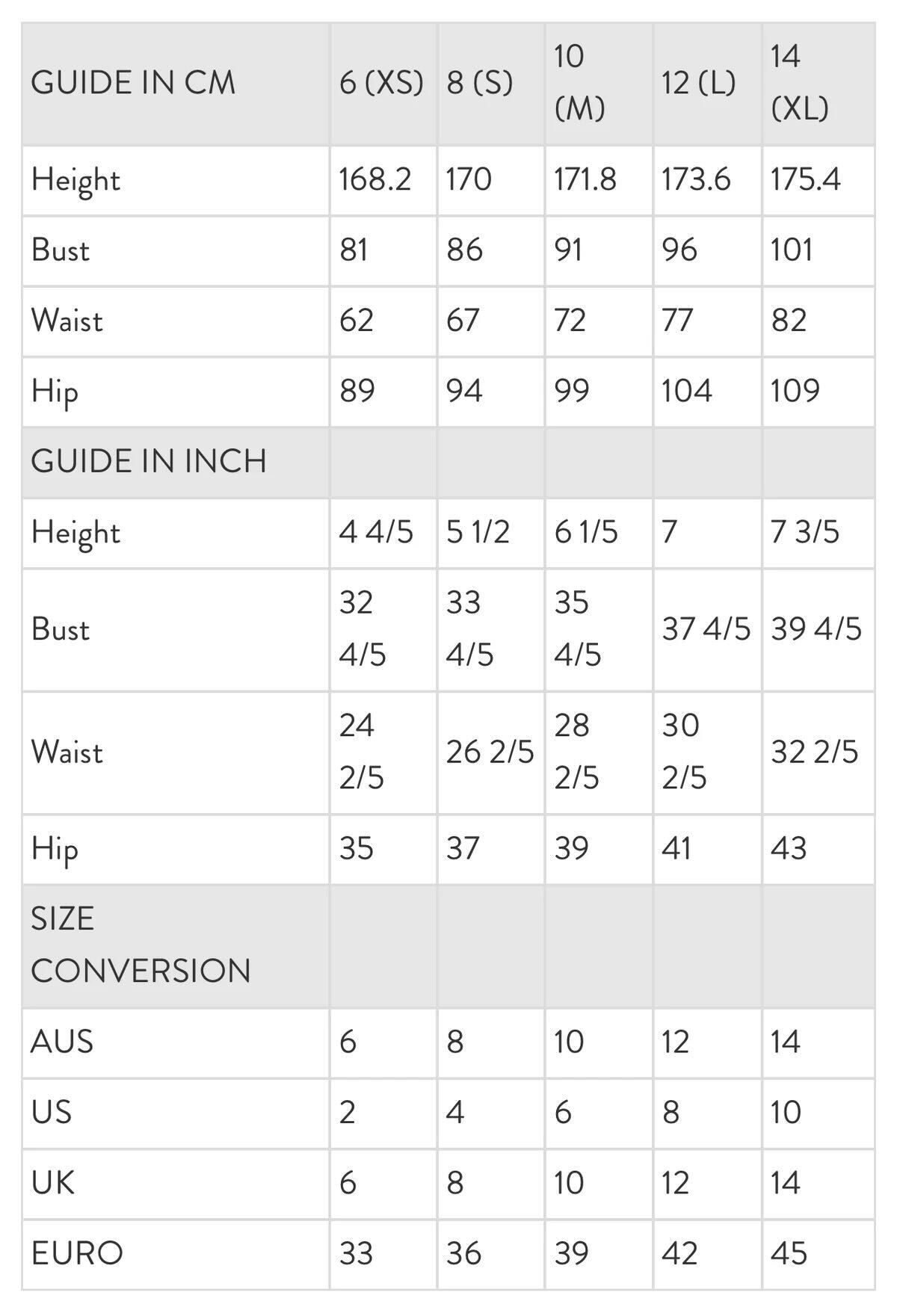 Sizing Information – Charlie Holiday USA